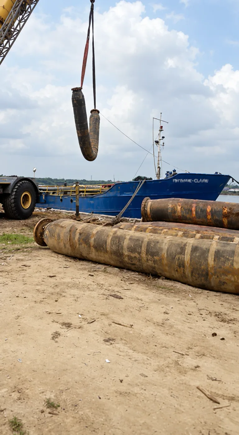 AI-enhanced company-supplied photo: A crane holds a curved suction hose above ground pipe sections beside a vessel