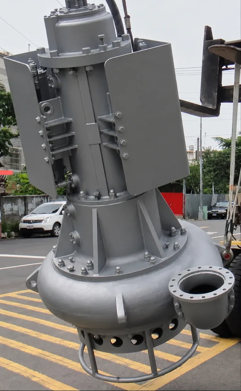 AI-enhanced company-supplied photo: Vertical submersible slurry pump with motor guards, intake and flanged discharge