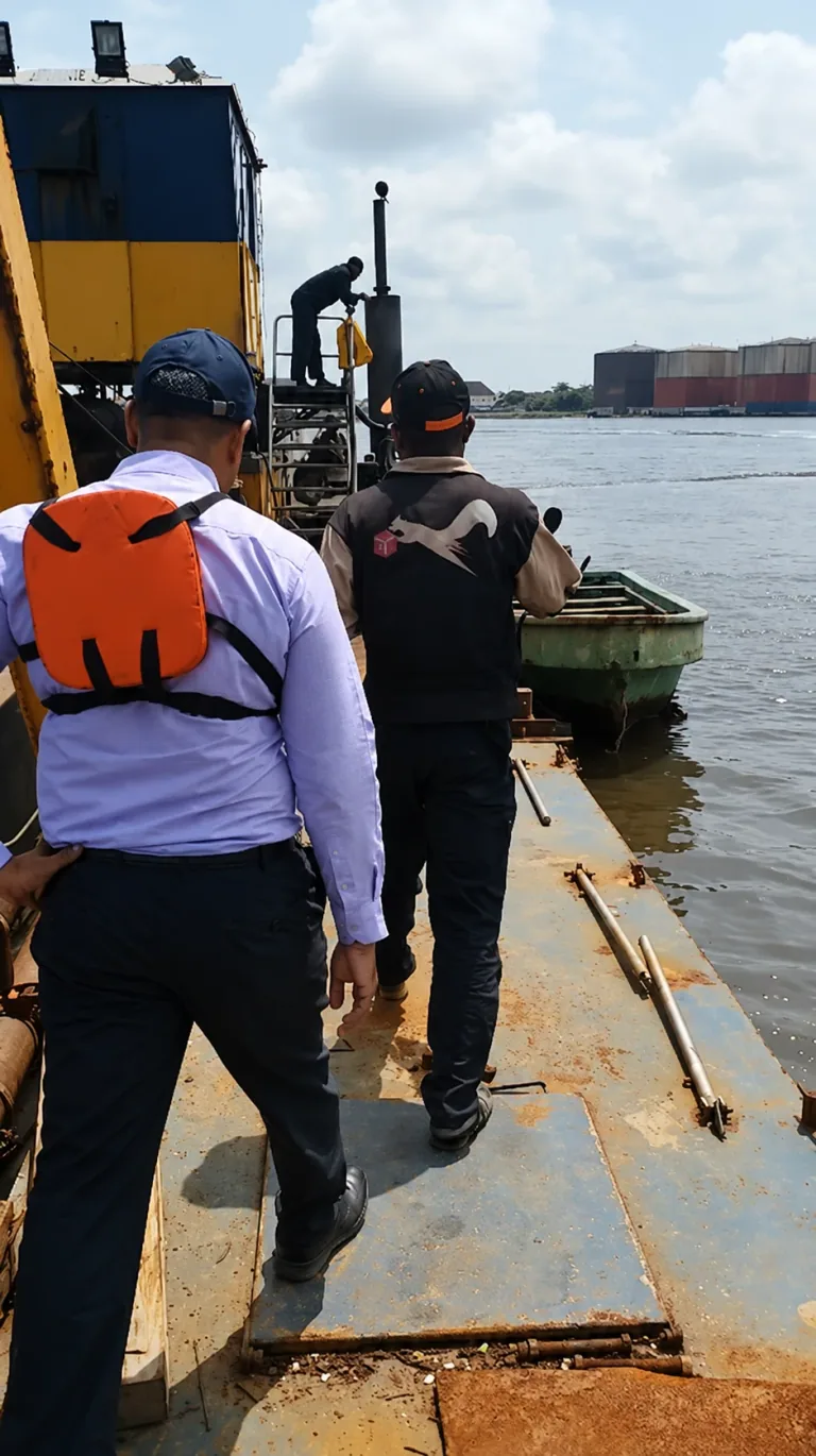 AI-enhanced barge crew photograph paired with Coastal Road sand supply in the supplied profile