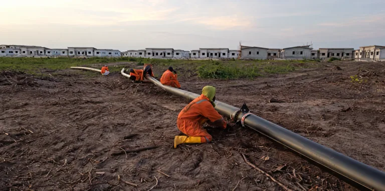 AI-enhanced photograph of crew installing HDPE pipeline at a housing development