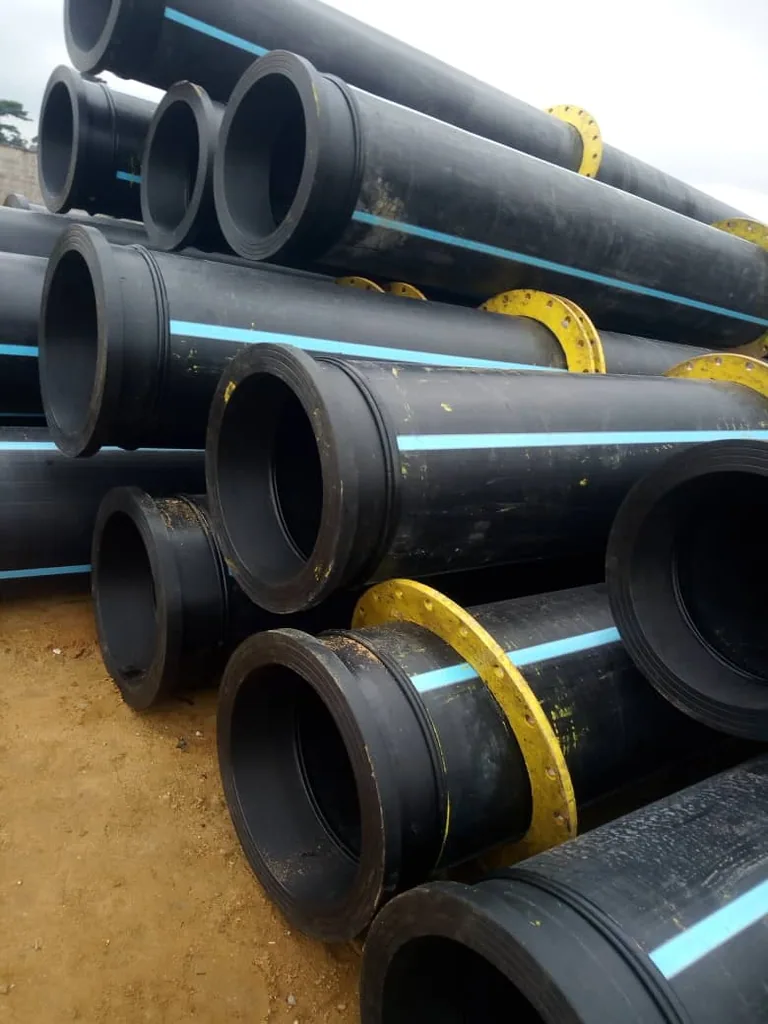HDPE pipes with blue stripes and yellow flanges from the supplied profile